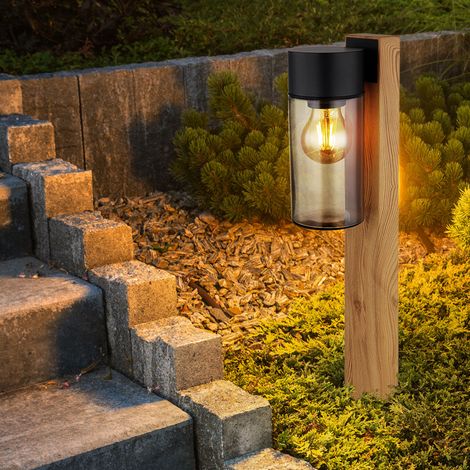 Außenlampe Wegeleuchte Stehlampe, Moderne Stehleuchte, Landhaus, Holzoptik, Rauchglas, Edelstahl, schwarz, matt, 1x E27 Fassung, LxBxH 14,5x9x50 cm