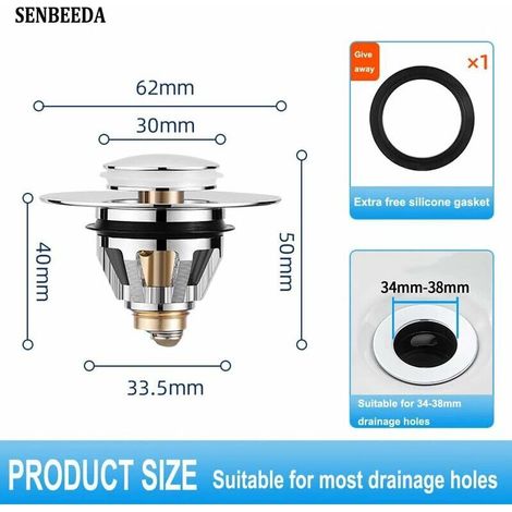 Filtre de vidange universel pour lavabo, Anti-Bloqué Inoxydable Bouchon lavabo poussoir bloque,bonde de lavabo,Flitre Cheveux Anti-Odeur pour Les Trous de 1.33” à 1.49” (1/3)