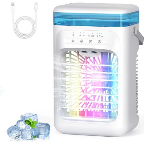 Climatiseur Mobile 1000 ml, Refroidisseur d'air 4 en 1, Climatiseur Portable avec 3 Vitesses, Veilleuse 7 Couleurs, Minuteur 2-4H, Ventilateur Brumisateur pour Chambre à Coucher, Bureau, Salon [Classe (1/5)