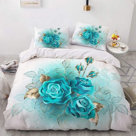 Bettwäsche-Set 4-teilig mit Rosen-Design 135x200cm Türkis Microfaser