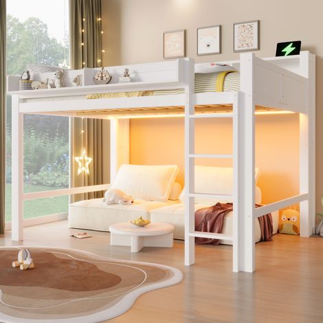 Lit Mezzanine 140x200cm - Avec 3 Niches de Rangement - LED et Port USB - Structure Pin et MDF - Blanc