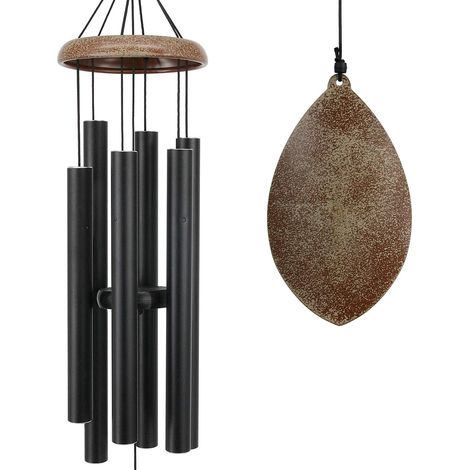 1 Carillon éolien,6 tubes en aluminium,Tonalité profonde,Design feuille,Métal noir mat,Jardin extérieur (1/5)