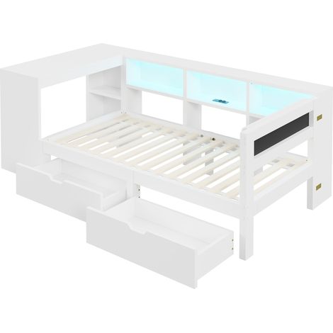 Cama plataforma 90x200 cm blanca con almacenaje, USB, LED y cabecero tapizado (1/5)