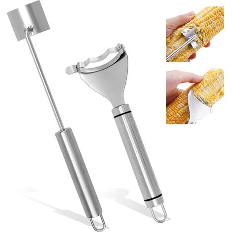 Set of 2 tools for peeling and shelling corn: a stainless steel corn peeler, cob separator and efficient kernel extractor for kitchens and restaurants.