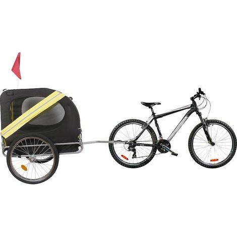 Remorque jaune pour chien à attacher à un vélo avec moustiquaire et protection imperméable. (1/4)