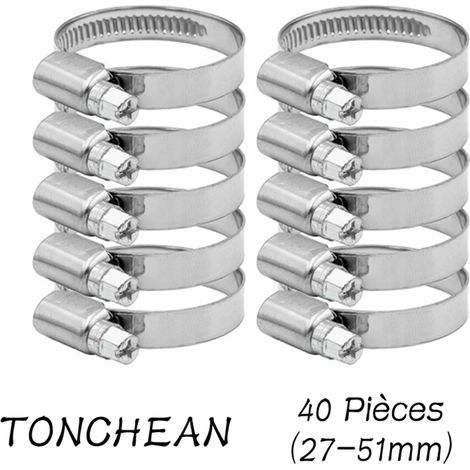 TONCHEAN Collier de Serrage Tuyau Réglable 27-51mm Gamme en Acier Inoxydable 304 Assortiment Tuyau Pinces Clips pour Famille Tuyau D'eau, Home Gaz, Tube D'automobiles, Robinet 40 Pièces (12mm)