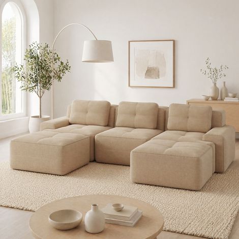 Sofá modular en U con ottoman, tejido efecto pana, beige, 293 x 177 x 69 cm, OKWISH (1/5)