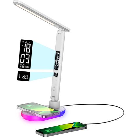 Lampe de Bureau LED avec Chargeur sans Fil 10W, Lampes de Table Dimmable tactile avec couleur et 5 niveaux de luminosité,lamp avec port USB,horloge,veilleuse couleur,LCD pour chambre,bureau (blanc) [C (1/5)
