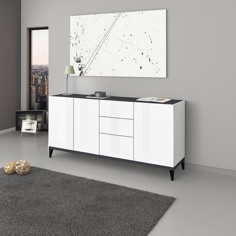 Dmora - Kommode Dlong, Küchen-Sideboard mit 3 Türen und 3 Schubladen, Wohnzimmer-Buffet, 100 % Made in Italy, cm 160x40h82, glänzend weiß und Schiefer (1/5)