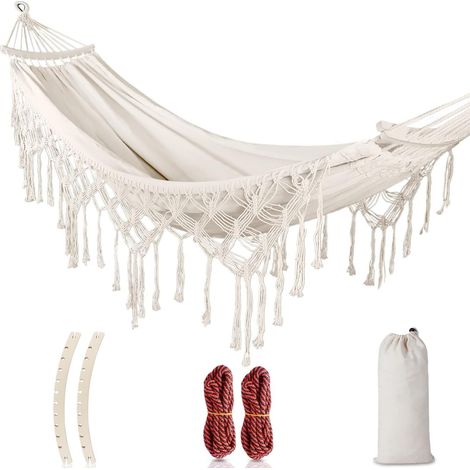 Filiyano – sac de transport – Hamac de jardin à franges, en toile résistante, style bohème, avec corde épaisse et sac de transport. (1/5)