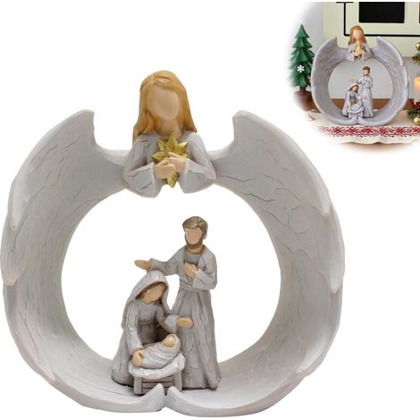 Figurine Religieuse - Sainte Famille - Résine Blanche avec Étoile Dorée et Ailes d'Ange - Décoration Intérieure pour Étagère ou Cheminée - 1 Pièce (1/5)