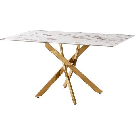 Table de Salle à Manger en Verre et marbre Artificiel et Pieds en métal doré Blanc et Noir 76 x 150 x 90 cm