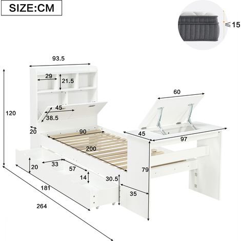 Lit, structure pliante, extensible, rangement intégré, avec tiroirs, 264 x 97 x 120 cm, bois, blanc (1/5)