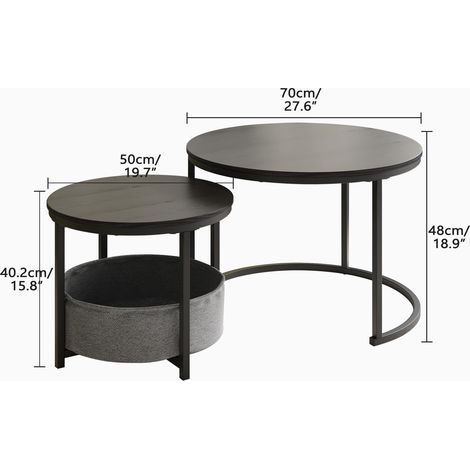 Lot de 2 tables basses rondes – style industriel, cadre métal, gigognes, poche de rangement – gain de place pour salon (1/5)