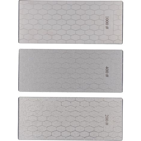 Lot de 3 pierres à aiguiser avec base antidérapante, grains 200, 400 et 1000, pour la cuisine et l'extérieur. (1/5)