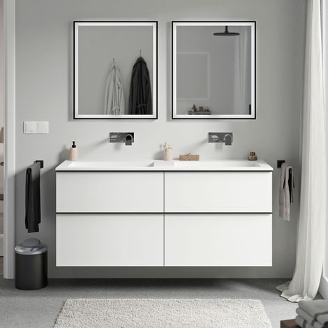 BERNSTEIN - Mueble lavabo suspendido MDF blanco mate, lavabo fundición blanco mate sin orificio grifería, tirador cromado 120x46x62cm, LAVOA blanco mate, cromo, Blanco mate sin agujero para grifería