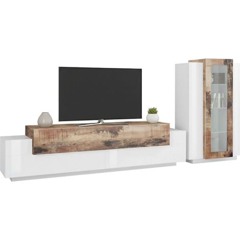 Dmora Parete attrezzata da soggiorno modulare, Made in Italy, con luce LED bianca, Base porta TV e vetrina, Set salotto moderno, cm 290x45h121, colore Bianco lucido e Acero, con imballo rinforzato