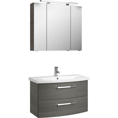 Badezimmer-Set Waschtisch und Spiegel FES-4010-66 Dekor Graphit Struktur quer Nb. mit Keramikbecken & LED - B/H/T: 84/175/46cm (1/5)