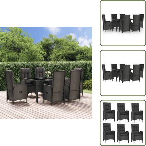 The Living Store Set da Pranzo Giardino 7pz Nero e Grigio con Cuscini Polyrattan - Sedie da giardino reclinabili