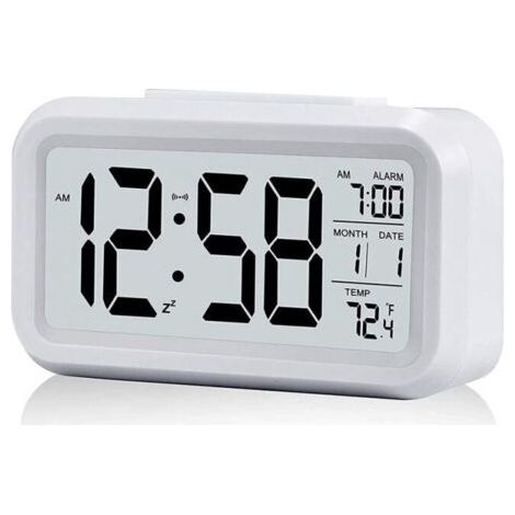 Blanc RéVeil NuméRique avec Grand Affichage LCD de la TempéRature, RéVeil Silencieux Alimenté par Batterie avec Fonction Snooze