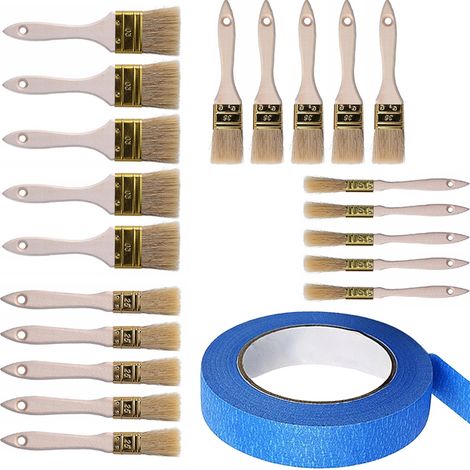 Rosfix Set Flachpinsel 20 Stück – Naturborsten 15/25/36/50 mm  Malerband 40 mm x 50 m  Wasser- und Lösemittelfarben