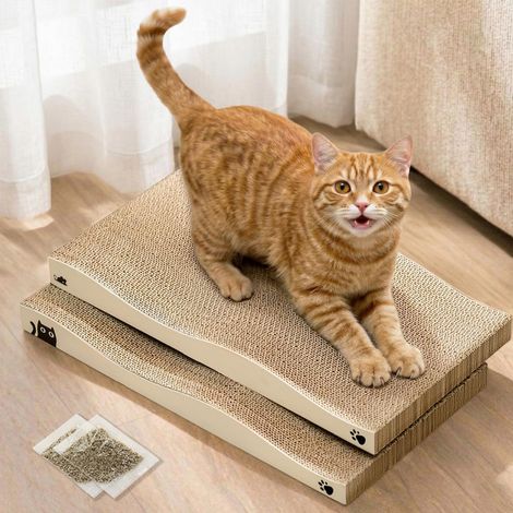 Griffoir pour chat en carton ondulé, tapis grattoir réversible pour chat, design incurvé avec herbe à chat incluse
