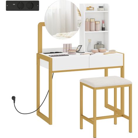 Schminktisch mit Spiegel und Hocker, Ladestation, Kosmetiktisch mit 2 Schubladen, 3 offenen Regalfächern, weiß