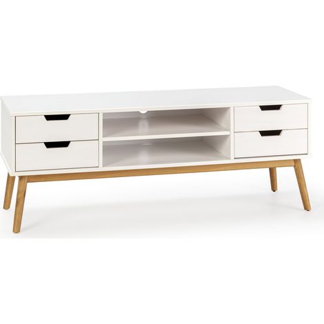 Mueble tv Baku 1 puerta y 2 cajones blanco, madera maciza, 140 cm