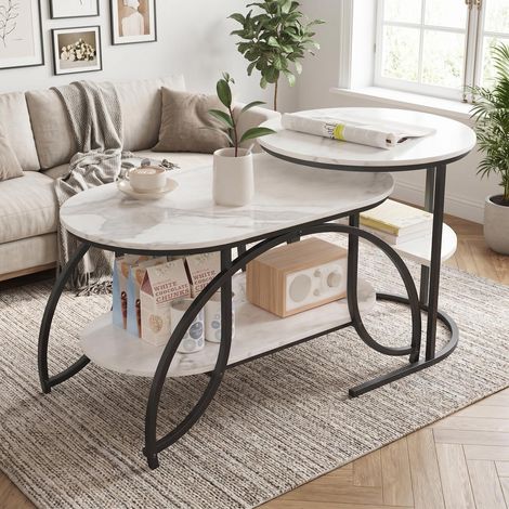 Couchtisch-Set 100 x 46 x 51 cm mit weißer Marmoroptik und schwarzen Beinen, moderner Beistelltisch für Wohnzimmer