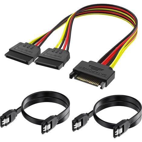 Lot de 3 Câble SATA III 6Gb/s, Câbles SATA SSD avec Connecteurs Droits + Adaptateur d’Alimentation Y 15 Pin, Cable de Données SSD HDD, Connexion Disque Dur, Lecteurs CD/DVD/Blu-Ray