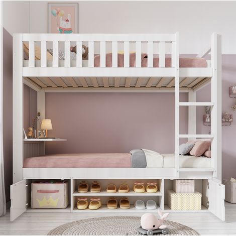 Lit superposé enfant 90x200 cm en bois blanc, table pliante gain de place, sans matelas – MEUBLIV (1/5)