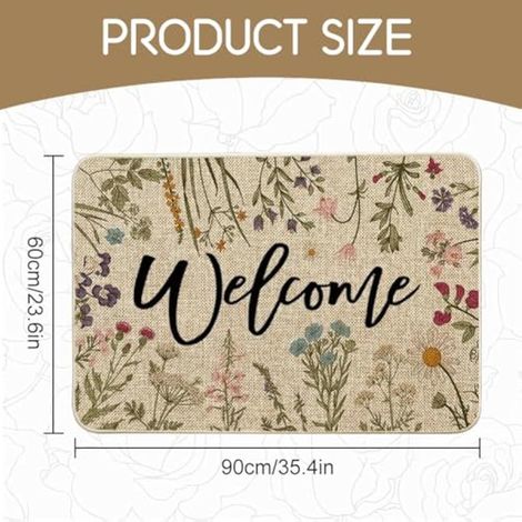 Welcome Paillasson de printemps, motif herbes anciennes, fleurs sauvages, intérieur et extérieur, décoration de la maison, cuisine, tapis de sol, pour intérieur et extérieur, 60 x 90 cm (1/4)