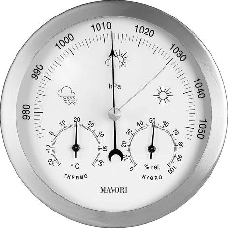 Station météo analogique intérieure/extérieure avec baromètre, hygromètre et thermomètre. Cadre en acier inoxydable. Plusieurs couleurs disponibles. (1/4)