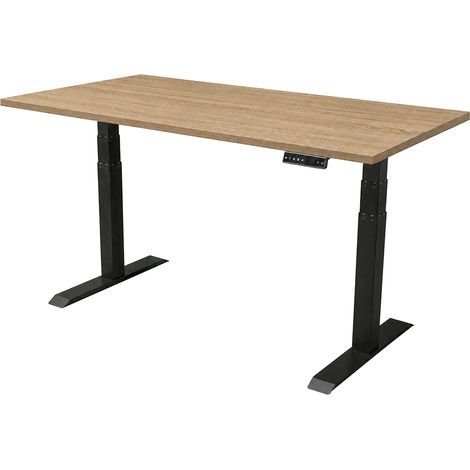 Bureau électrique réglable - 140 x 80 cm - Moteur double - Noir/Chêne (1/5)