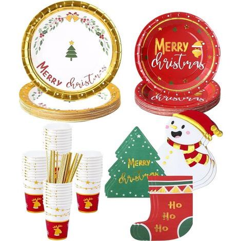 127 Pièces Vaisselle en Papier pour Fête de Noël, 25 x 23CM Assiettes à Plates, 25 x 18CM Assiettes à Salade, 25 x Gobelets, 27 x Serviettes, 25 x Pailles en papier - pour Noël Fêtes Décoration (1/5)