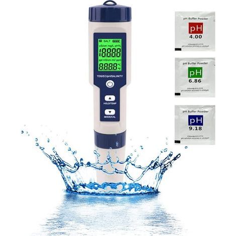 PH-Mètre, 5 En 1 PH/TDS/EC/Salinité/Tempmètre, Testeur De Moniteur De Qualité De L'eau Pour Piscines, Culture Hydroponique, Eau Potable, Aquariums (1/5)