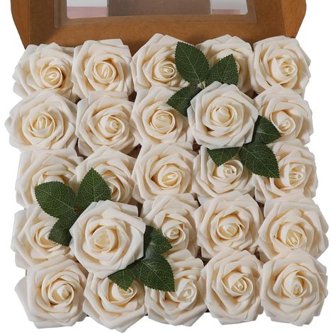 Lot de 25 Roses artificielles réalistes avec Tige pour Bouquets de Mariage, centres de Table, fête de Mariage, décoration de Maison (Champagne, 25pcs) (1/5)