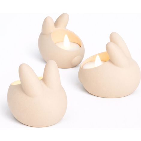 Bougeoirs lapin de Pâques, beiges, lot de 3, avec bougie chauffe-plat LED