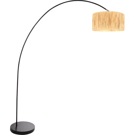 Lampadaire arc noir 185 cm avec abat-jour en herbe tressée – Portée 165 cm – Interrupteur intégré – Steinhauer