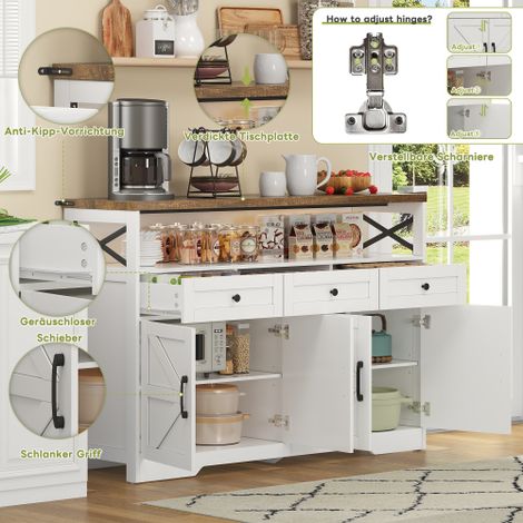 Buffet 140 cm, enfilade avec 3 tiroirs, meuble avec étagères, convient pour cuisine, salon, couloir, style campagnard - Blanc Buffet 140 cm, enfilade avec 3 tiroirs, meuble avec étagères, convient pour cuisine, salon, couloir, style campagnard - Blanc
