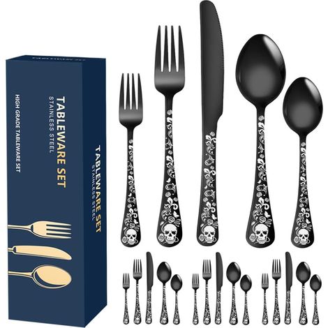 Ensemble de couverts bizarres d'argenterie de crâne gothique motif unique de fleur de squelette ustensiles de table pour événement d'Halloween Noir (1/5)
