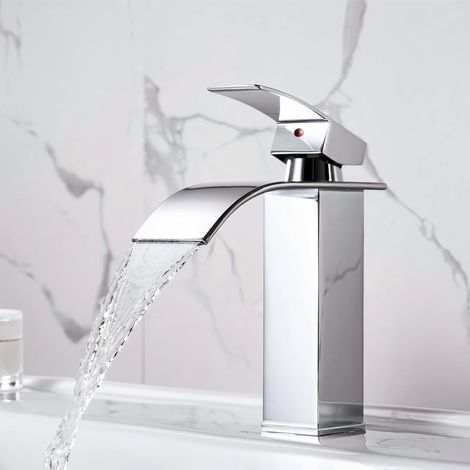 Robinet de salle de bain en cascade, robinet d'évier à une poignée bouche chaude et froide, silencieux, robinet de salle de bain en laiton en acier inoxydable (chrome) (1/5)