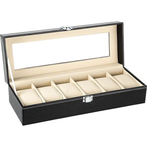 Boîte à bijoux, boîte à montres à six compartiments, en cuir PU noir, pour ranger et organiser vos montres. (1/5)
