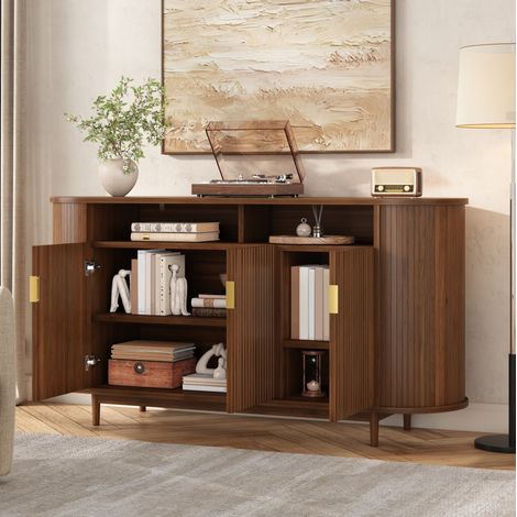Buffet 3 portes bois foncé, Marron, meuble de rangement avec façade à lignes verticales, en MDF et panneau de particules, pieds en bois, 140 x 40 x 78 cm – CHICFURN (1/5)