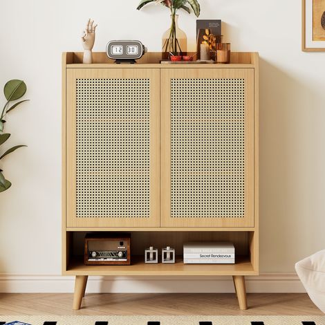 Meuble à chaussures, Armoire à chaussures d'entrée design bohème, en rotin naturel avec 2 portes et 5 étagères et pieds en bois massif L80xH105xP35 cm, Chêne