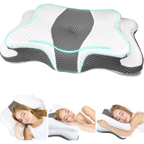 Oreillers CHxxy en mousse, mémoire de forme, oreiller cervical pour soulager les douleurs au cou et aux épaules, oreiller de lit ergonomique et profilé, doux pour dormir sur le côté, sur le ventre et (1/5)