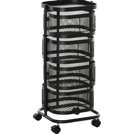Carro auxiliar de cocina de 4 niveles con ruedas y cesta metálica 33x33x77 cm negro (1/5)