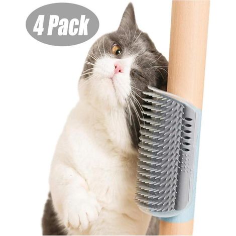 Spazzola auto-rasante Cat Corner con massaggiatore facciale, adatta a gattini a pelo lungo e corto - grigia (taglia piccola, confezione da 4)