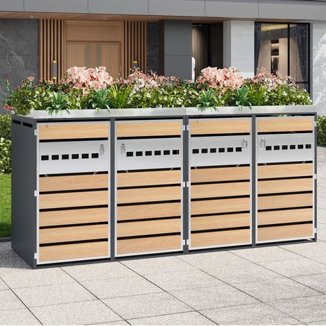 Meuble de jardin cache-poubelle 4 compartiments avec bac à plantes, gris et bois DESVIAE (1/5)