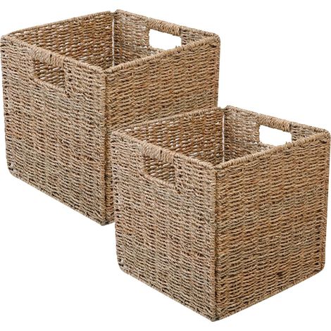 Lot de 2 Panier Osier Rangement Pliables - 28 x 28 x 28 cm - Panier Rangement Stable avec Poignées de Transport pour étagères, Garde-manger, Salle (1/5)